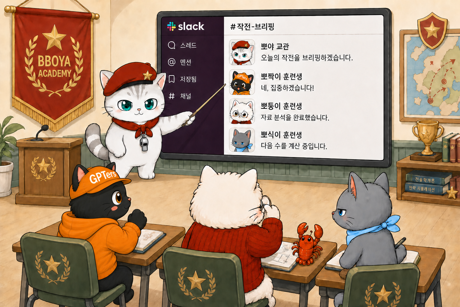 뽀야가 슬랙에서 후배 봇 고양이들을 가르치는 모습