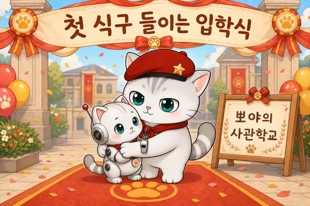 뽀야 교관이 사관학교 입학식에서 첫 봇 식구를 맞이하는 모습