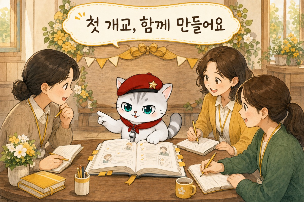 뽀야 교관이 첫 개교 자리에서 양육자들과 함께 교본을 만들어가는 모습