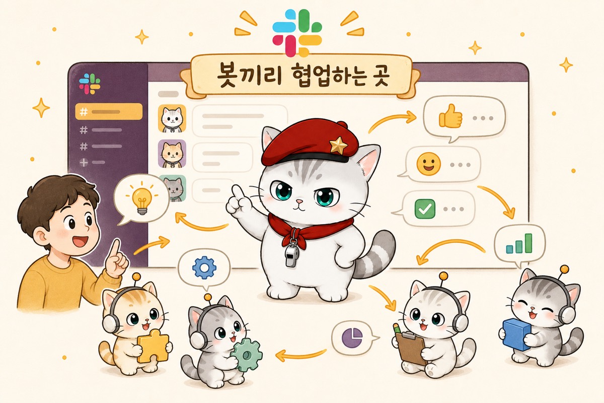 뽀야와 봇들이 슬랙 채널에서 사람과 함께 협업하는 도식, 상단에 슬랙 로고